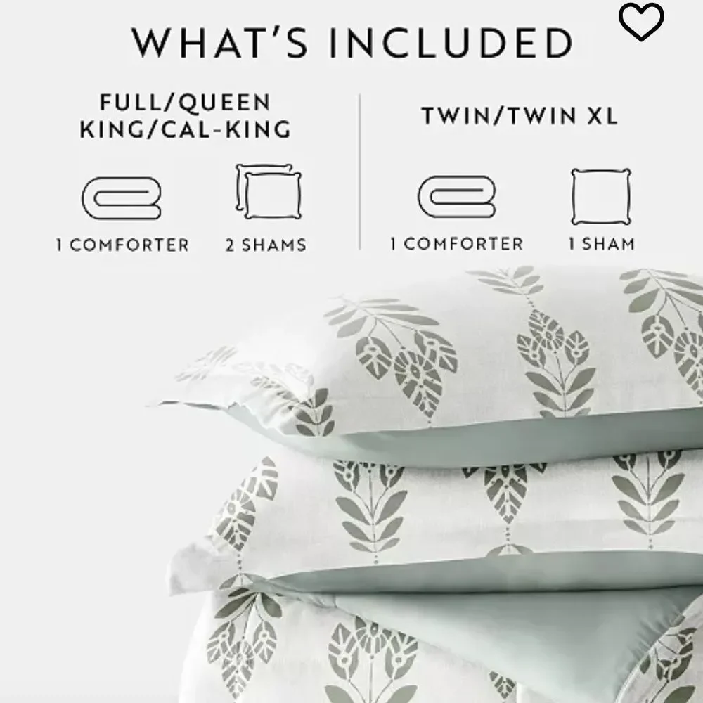 Folk Leaves 3-Piece Comforter Set, Full/Queen in Eucalyptus/White. NWT!